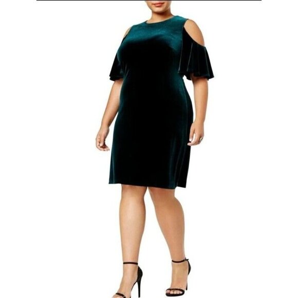 Calvin Klein Sz 22W Dress GREEN Cold Shoulder Velvet Plus Size Classic Party - Picture 2 of 11